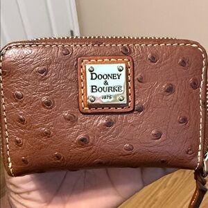 Dooney & Bourke Ostrich-Embossed Brown Zip Around Small Credit Card Wallet